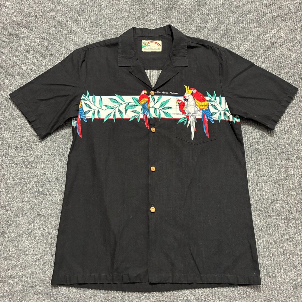Paradise Found Hawaiian Button Up Shirt Mens Black Parrot Panel Chest‎ Size 40"